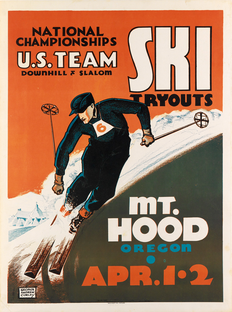 GEORGE ANDREW CORLEY (DATES UNKNOWN). U.S. TEAM SKI TRYOUTS / MT. HOOD OREGON. 1939. 29x22 inches, 76x56 cm. Bede-Hibbitt Inc., Portlan